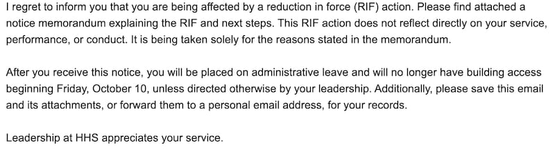 Email received by laid off CDC workers.