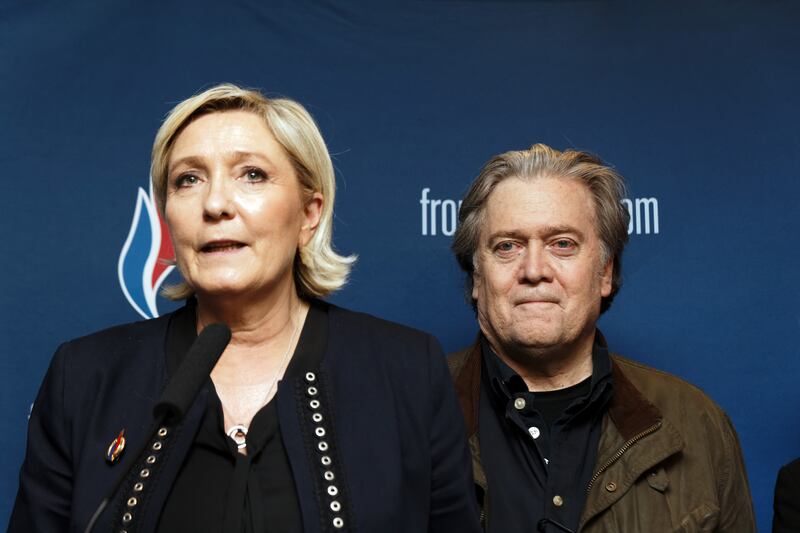 Marine Le Pen and former Trump advisor Steve Bannon hold a joint press conference at Le Pen's Front National party's annual congress in 2018.
