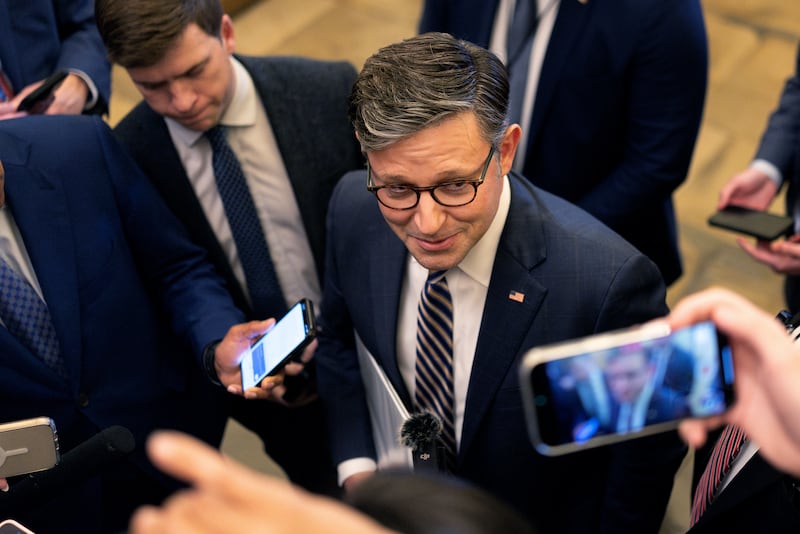 WASHINGTON, DC - APRIL 28: Speaker of the House Mike Johnson (R-LA) speaks to press at the U.S. Capitol after visiting U.S. President Donald Trump at the White House on April 28, 2025 in Washington, DC. Congress returned on Monday to Capitol Hill after a two-week recess. (Photo by Kayla Bartkowski/Getty Images)