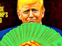A photo illustration illo of Donald Trump holding up money for Inside Trump's head podcast.