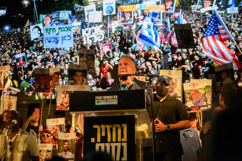 TEL AVIV, ISRAEL - OCTOBER 11: United States Special Envoy to the Middle East Steve Witkoff (C) speaks at the weekly 'Bring Them Home' rally in Hostage Square Hostages Square on October 11, 2025 in Tel Aviv, Israel. This week's ceasefire deal between Israel and Hamas has brought an end to the two years of war that followed the attacks of Oct. 7, 2023. A condition of the deal is the return of 48 hostages held in Gaza, 20 of whom are believed to be alive. (Photo by Alexi Rosenfeld/Getty Images)