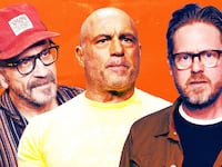 A photo illustration of Marc Maron, Joe Rogan, and Tim Heidecker.