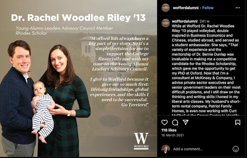 Rachel Riley worked for DOGE before being appointed to a top job at the Pentagon. She is a Wofford College alumni and was a Rhodes Scholar.