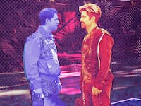 A photo illustration of Tim Baltz and Stephen Schneider in the new season of the Righteous Gemstones.