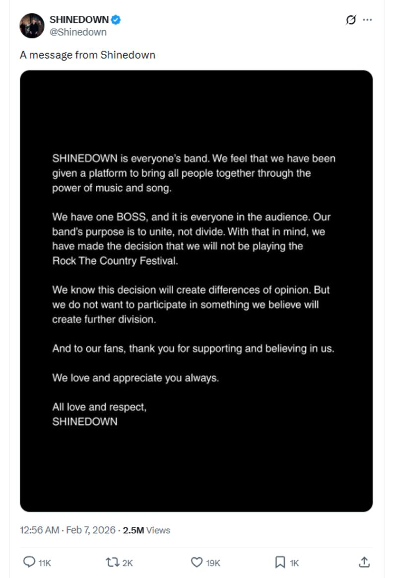 Shinedown's statement on Rock the Country.