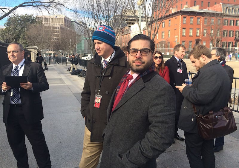 Raheem Kassam (third left) queuing to get into the White House ahead of
Prime Minister Theresa May's meeting with President Donald Trump. (Photo by Stefan Rousseau/PA Images via Getty Images)
