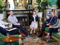 Mike Tindall, Princess Anne, Princess Royal, Prince William, Prince of Wales and Catherine, Princess of Wales attend the recording of a special episode of The Good, The Bad and The Rugby podcast, in the Green Drawing Room at Windsor Castle.
