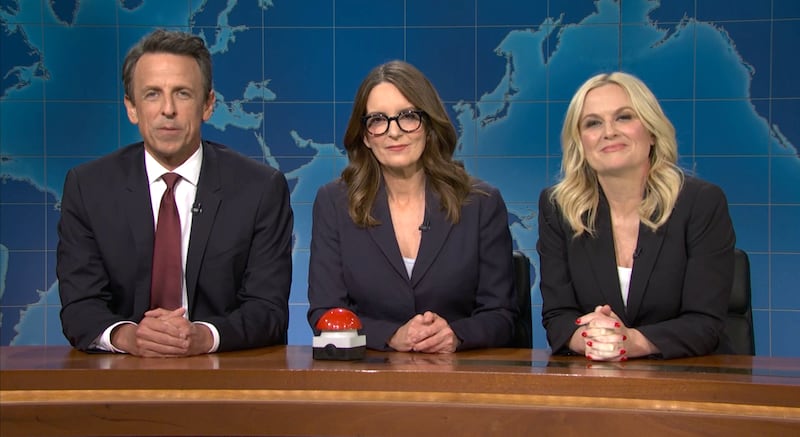 Saturday Night Live, Seth Meyers, Tina Fey, and Amy Poehler preparing for a Joke Off.