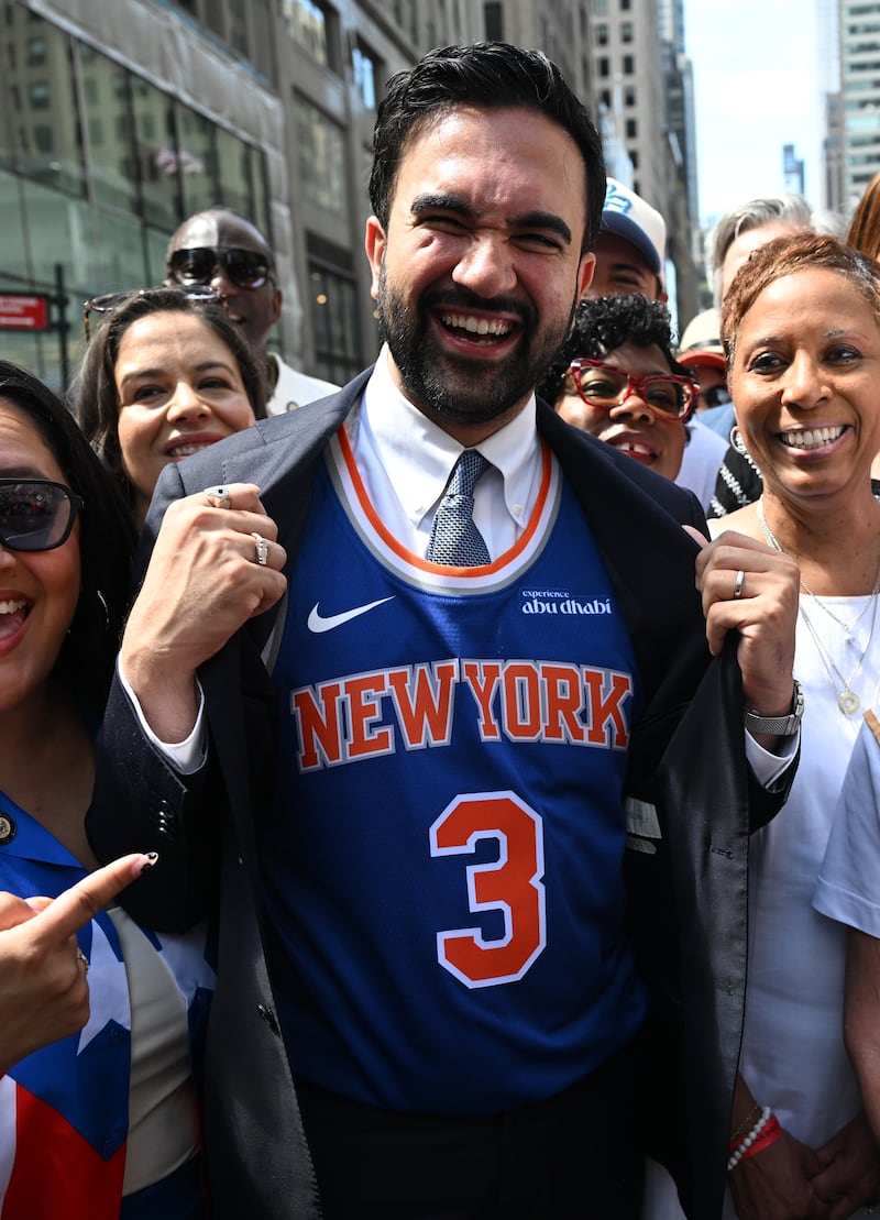 Mayor Zohran Mamdani is seen showing off his Knicks jersey at the 69th annual National Puerto Rican Day Parade on June 14, 2026, in New York City.