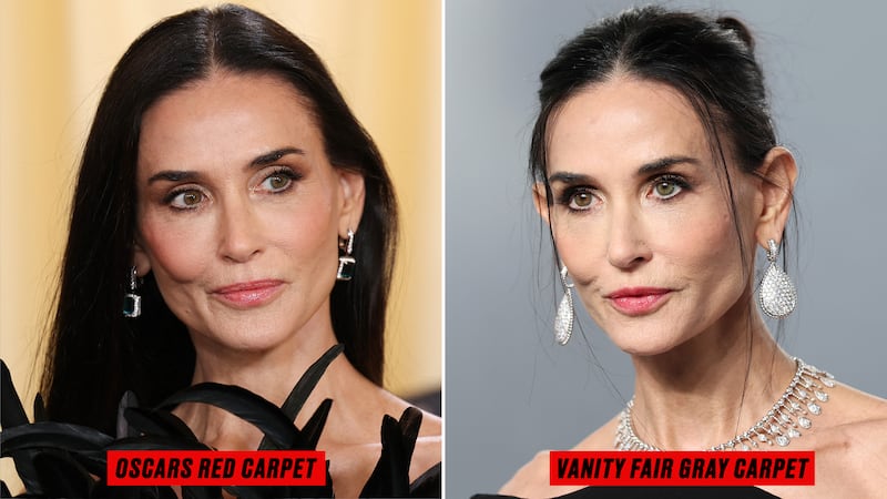 Demi Moore at the Academy Awards red carpet vs. the Vanity Fair Oscar Party gray carpet