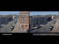 Two gifs showing edited Baltimore police footage from CCTV related to the murder of Freddie Gray.