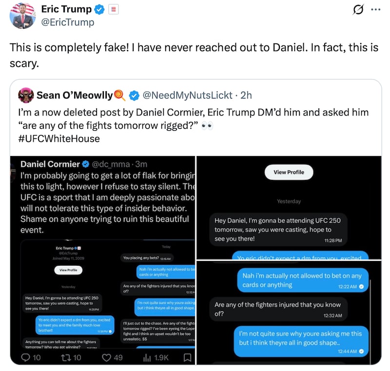 Eric Trump calls out a "completely fake" string of DMs posted on X.
