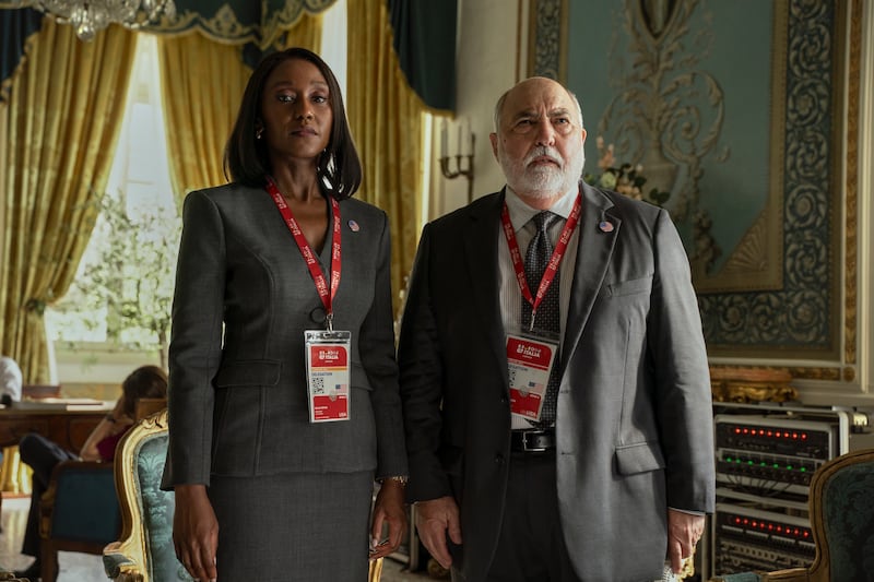 The Diplomat. (L to R) Nana Mensah as Billie Appiah, Miguel Sandoval as Miguel Ganon in episode 408 of The Diplomat. Cr. Erika Kuenka/Netflix © 2026