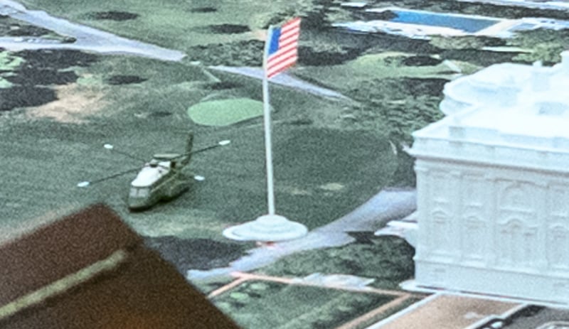 Trump's toy version of Marine One as seen on his desk in the White House.
