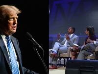 Former President and 2024 Republican presidential candidate Donald Trump (left) gives a keynote speech on the third day of the Bitcoin 2024 conference, and members of NABJ speak to presidential candidates on August 08, 2019 in Miami, Florida.