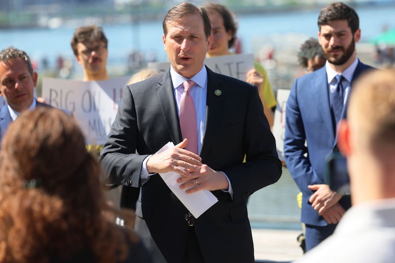 Rep. Daniel Goldman (D-NY) speaks during a press conference on the Climate Change Superfund Act at Pier 17 on May 26, 2023 in New York City. Rep. Goldman (D-NY) and Jerry Nadler (D-NY) were joined by state lawmakers, including State Sen. Liz Krueger the author of the Climate Change Superfund Act, and New York Public Interest Research Group Executive Director Blair Horner as they spoke of the importance of passing the bill to combat climate change and to make corporate polluters pay for the damages caused by climate change. (Photo by Michael M. Santiago/Getty Images)