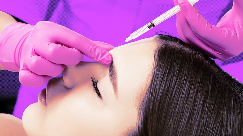 A photo illustration of a woman receiving a botox injection.