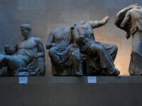 Sections of a Greek temple that form part of the Parthenon sculptures, sometimes referred to in the UK as the Elgin Marbles, on display at the British Museum in London, Britain, January 25, 2023.