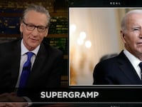 A screenshot from "Real Time with Bill Maher" shows the comedian mocking Joe Biden