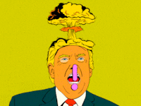Illustration of Donald Trump with his hair as an explosion and curse symbols flashing over his mouth