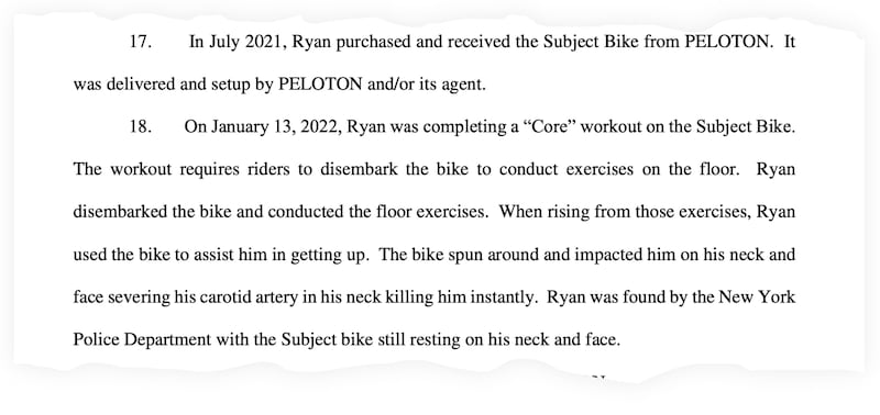 A snippet from the lawsuit filed against Peloton by Ryan Furtado’s mom Johanna.