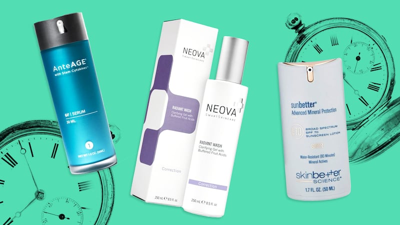 Longevity skincare products on top of a green background with pocket watches in the background