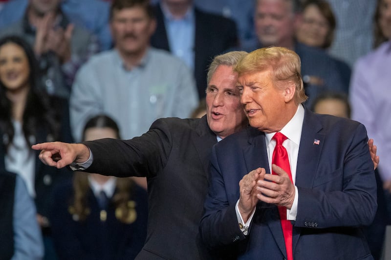 House Minority Leader Kevin McCarthy and U.S. President Donald Trump attend a legislation signing rally with local farmers on February 19, 2020 in Bakersfield, California.