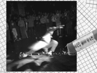 A gif showing a b-boy break dancer being erased from an archival photos from the 1990s hip hop scene in New York.