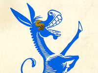 A photo illustration of a cartoon donkey with a dollar sign spinning on his eye