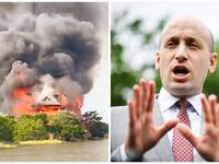 Split image of Stephen Miller and a fire at a judge's house