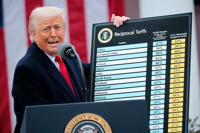 Trump holds up a chart while speaking during the “Make America Wealthy Again” trade announcement event at the White House on April 2.