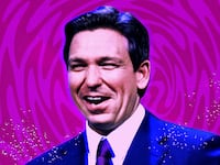 A photo illustration of Ron DeSantis in front of a psychedelic background.