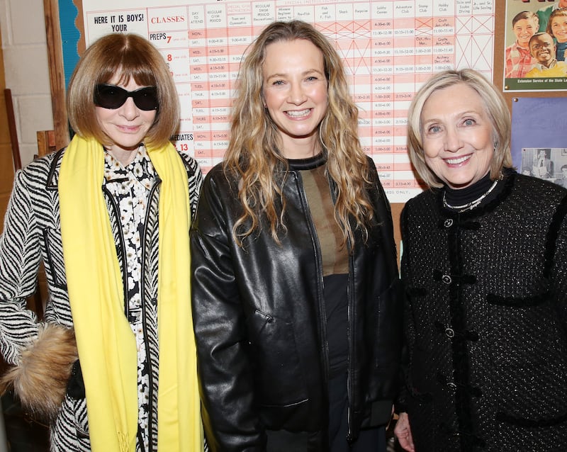 NEW YORK, NEW YORK - JANUARY 17: (EXCLUSIVE COVERAGE) (L-R) Anna Wintour, Playwright Bess Wohl and Hillary Clinton pose backstage at the new Bess Wohl play "Liberation" on Broadway at The James Earl Jones Theatre on January 17, 2026 in New York City. (Photo by Bruce Glikas/WireImage)