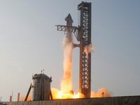 "SpaceX's next-generation Starship spacecraft atop its powerful Super Heavy rocket lifts off from the company's Boca Chica launchpad on an uncrewed test flight before exploding, near Brownsville, Texas.
