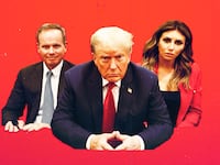 A photo illustration of former President Trump with lawyers.