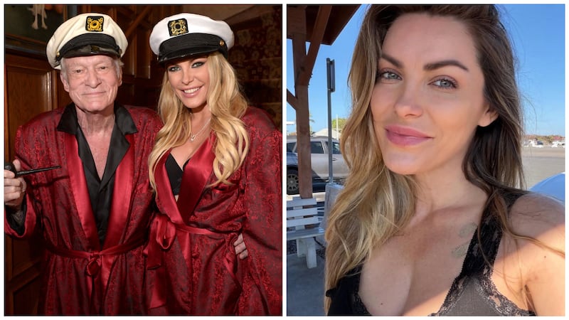 Hugh Hefner and Crystal Harris in 2014, and Harris solo in December 2025.