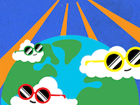 A gif of an illustration that shows sun rays beating down on clouds wearing sunglasses as they float over the Earth