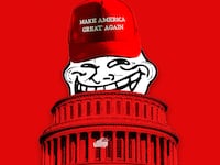An illustration including the United States Capitol Building, a Troll face, and a MAGA cap