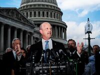 Kevin Roberts, president of The Heritage Foundation, speaks with members of the conservative House Freedom Caucus during a news conference on Capitol Hill on Tuesday, Sept 12, 2023, in Washington, DC.