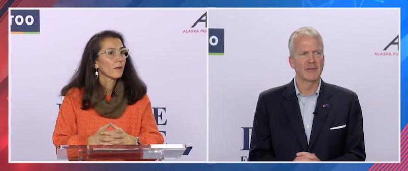 Mary Peltola and Dan Sullivan during a debate in Alaska.