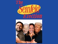 seinfeld poster with donald trump, joe biden, kamala harris, and jd vance