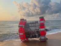 A photo of a “hamster wheel-like” contraption that Reza Baluchi allegedly tried to sail from Florida to London.