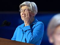 Sen. Elizabeth Warren gets emotional as she arrives to speak on the fourth and last day of the Democratic National Convention in Chicago.