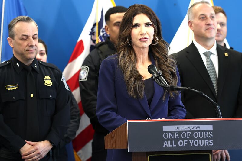 U.S. Secretary of Homeland Security Kristi Noem speaks during a press conference