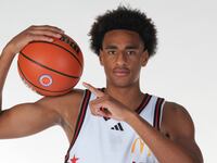 McDonalds High School All American Alijah Arenas (16) poses during a photo shoot at the New York Marriott at the Brooklyn Bridge on March 28, 2025, in Brooklyn, New York.