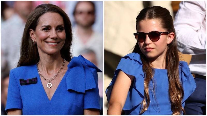 Princess Charlotte (left) walks with Prince George at the 2026 Wimbledon Championships wearing a bright cobalt summer dress—a strikingly similar frock to the one worn by Kate Middleton (right) on Day 14 of the 2025 Wimbledon Championships.
