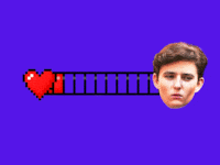 Barron Trump with a love meter on a purple background.