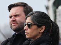 A close-up of JD and Usha Vance—who is wearing sunglasses and a ponytail—visiting Ohio in February 2025.