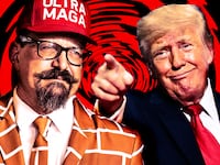 A photo illustration of brick wall suit Blake Marnell and Donald Trump.