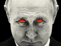 Photo illustration of a portrait of a serious looking Russian President Vladimir Putin with red eyes.